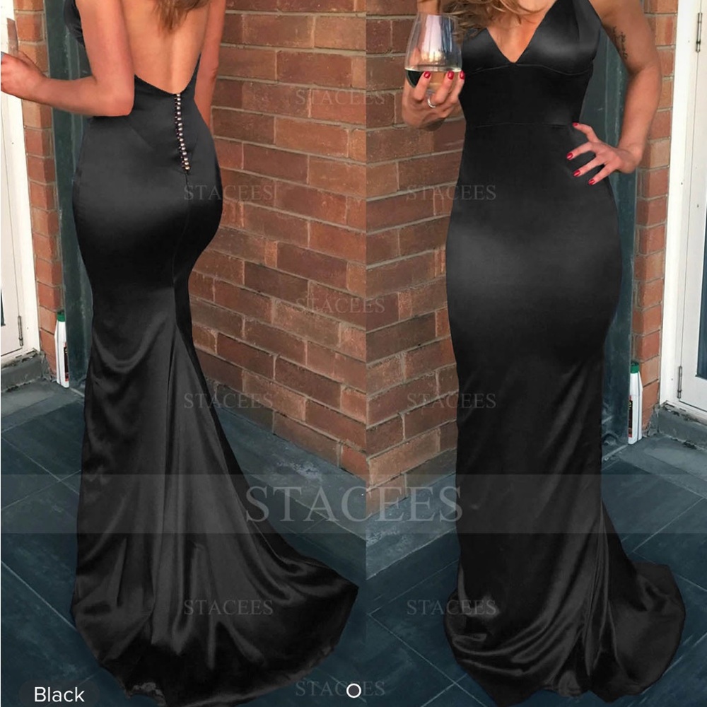 Stacees Black Backless Satin Evening Gown